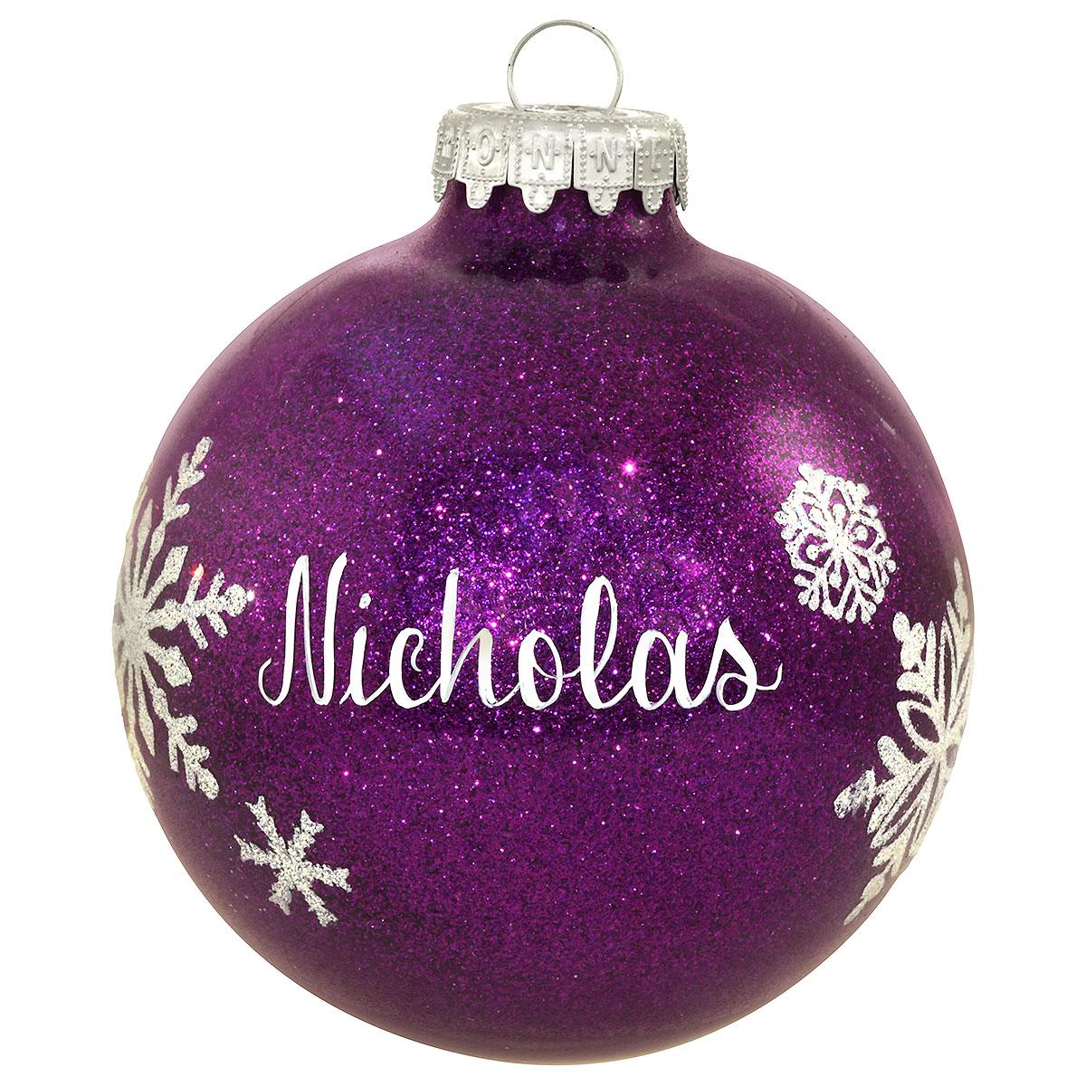 Personalized Purple Snowflake Sparkle Glass Ornament