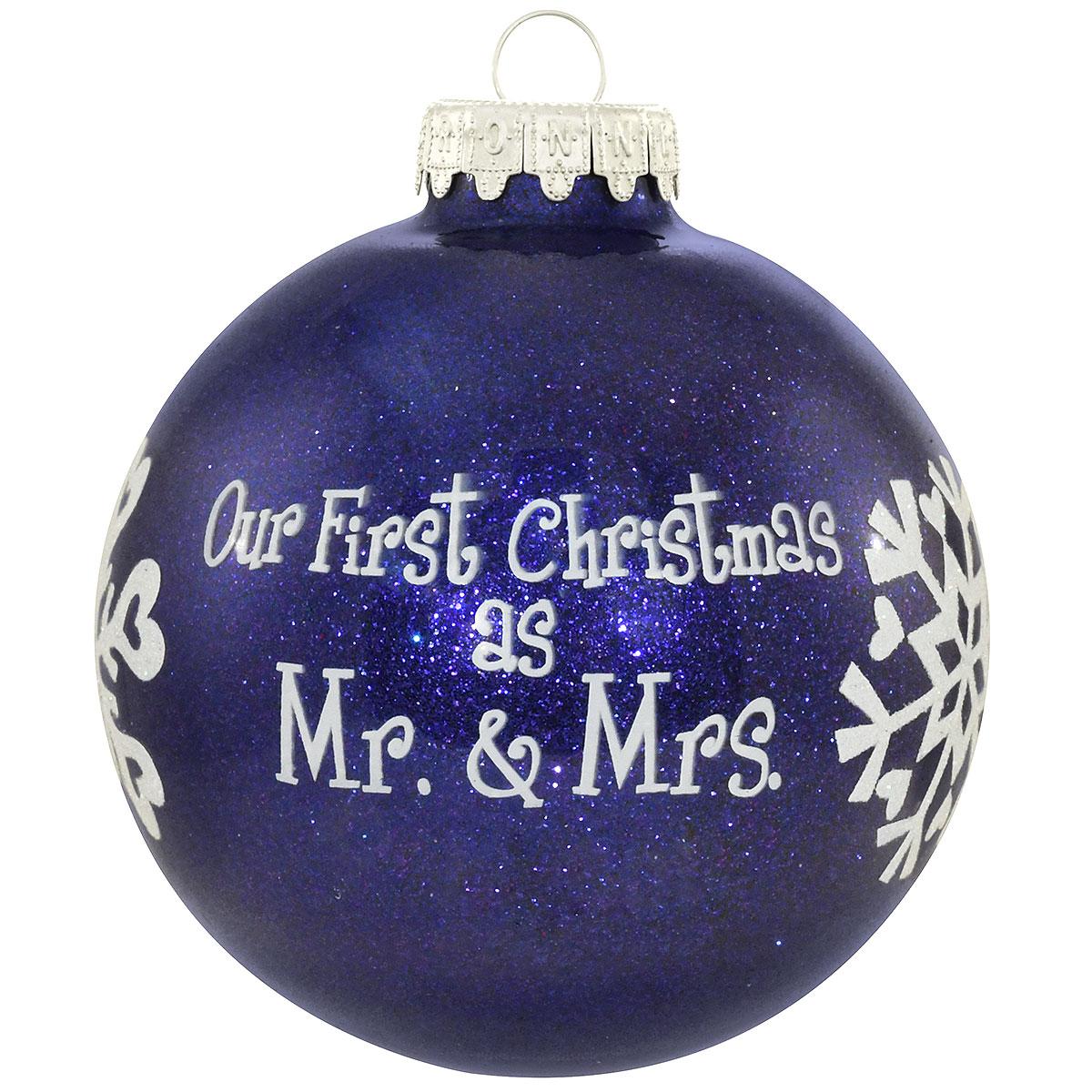 Our First Christmas As Mr And Mrs Blue Sparkle Glass Ornament