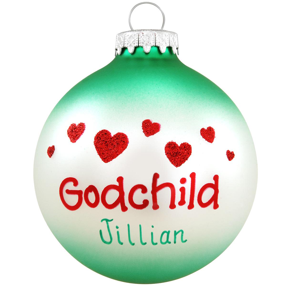 Personalized Godchild With Hearts Glass Ornament