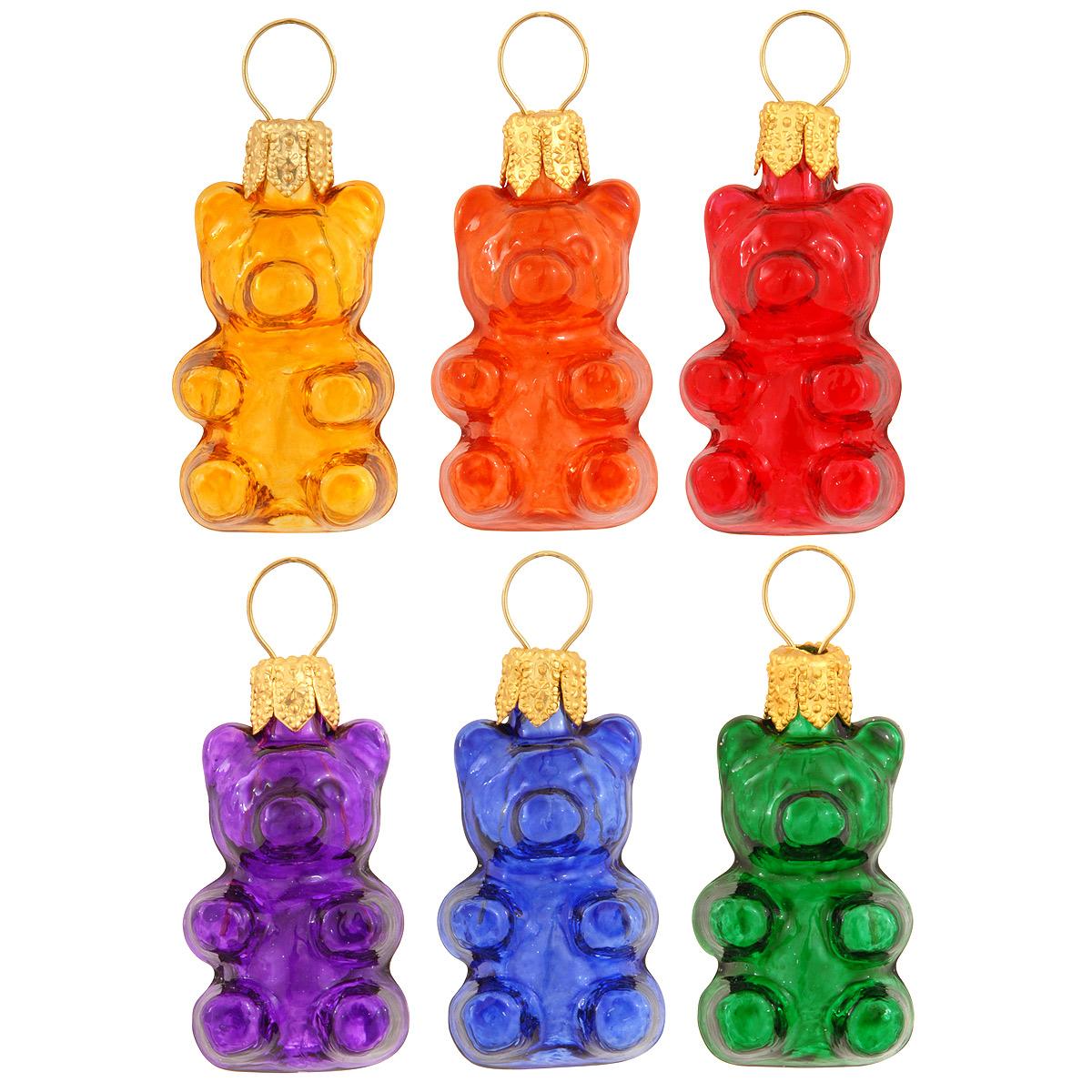 Set Of 6 Mini Gummy Bears Glass Ornaments