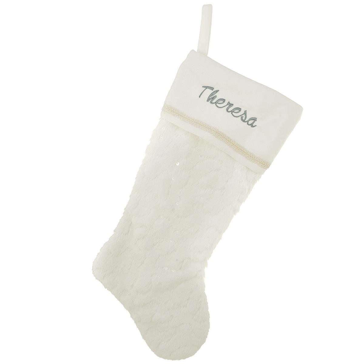 21 Inch White Velveteen Stocking With Silver Snowflakes