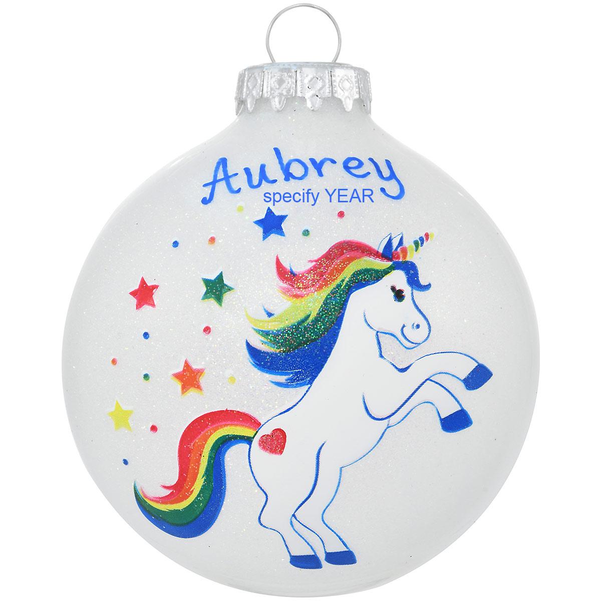 Personalized Unicorn With Stars White Sparkle Glass Ornament