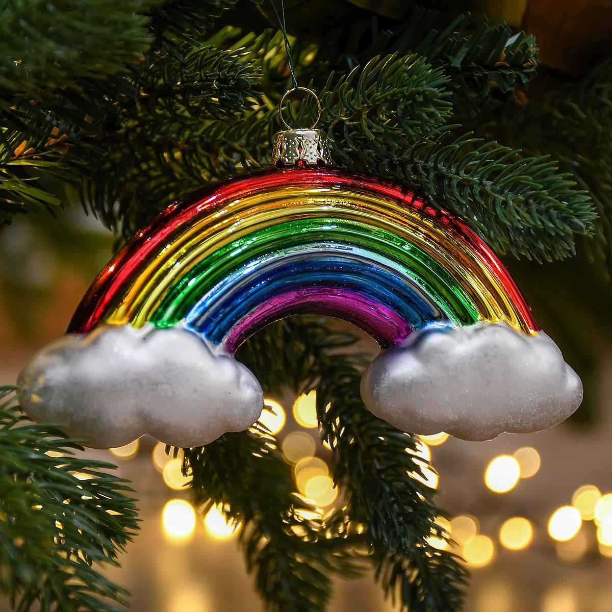 Rainbow With Clouds Glass Ornament
