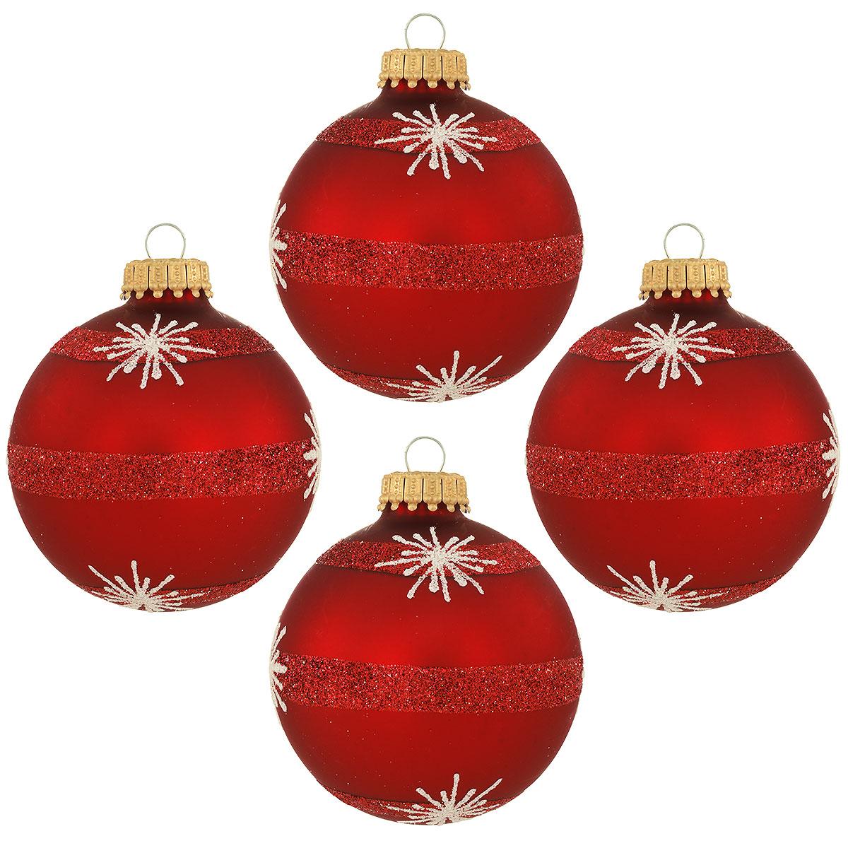 Set Of 4 Red Velvet Glass Ornaments With Starbursts And Stripes