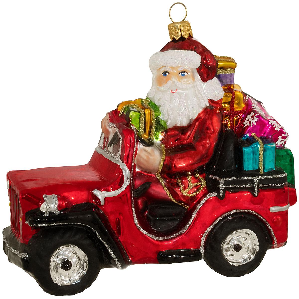 Santa In Red Car Glass Ornament