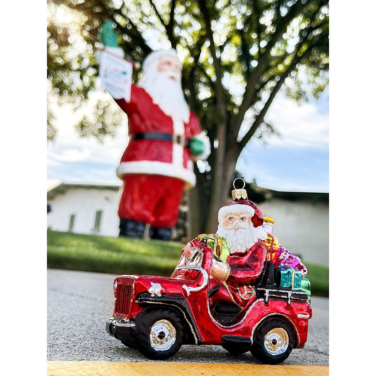 Santa In Red Car Glass Ornament