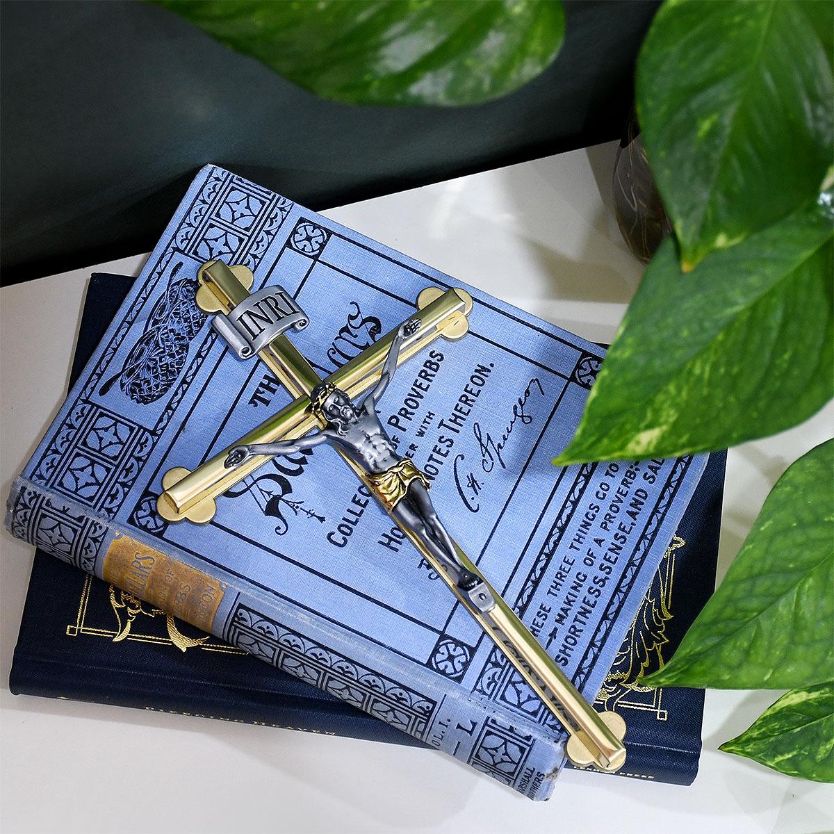 Gold And Silver Crucifix Wall Cross On Salt Cellars Collection Of Proverbs Book By Charles Spurgeon Book