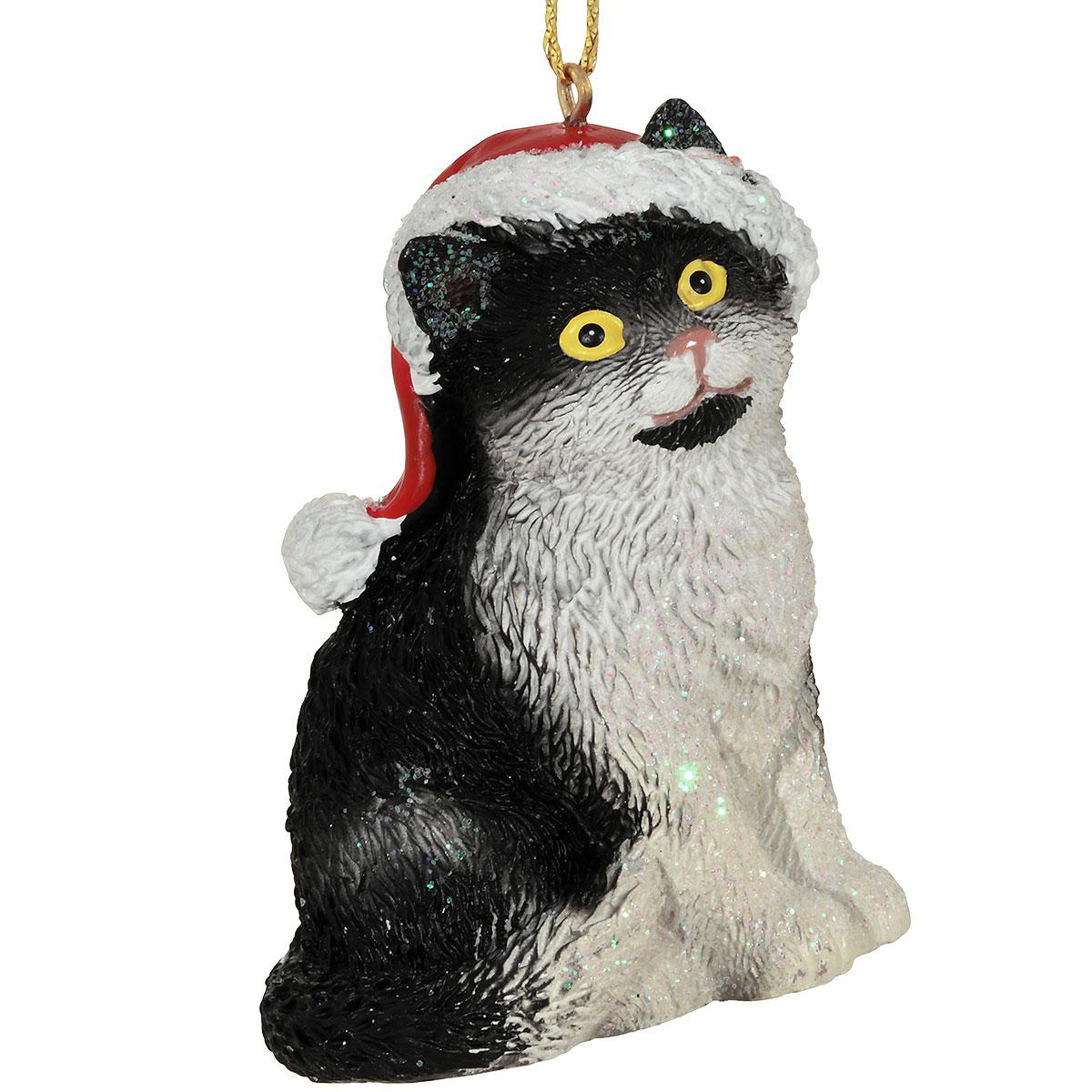 Cat With Santa Hat Black And White Resin Ornament