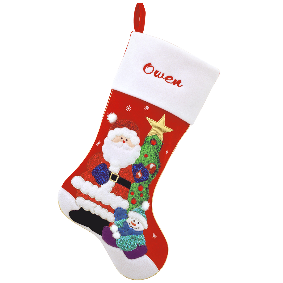 Santa and snowman in front of a Christmas tree on a personalized red velvet stocking with white cuff.