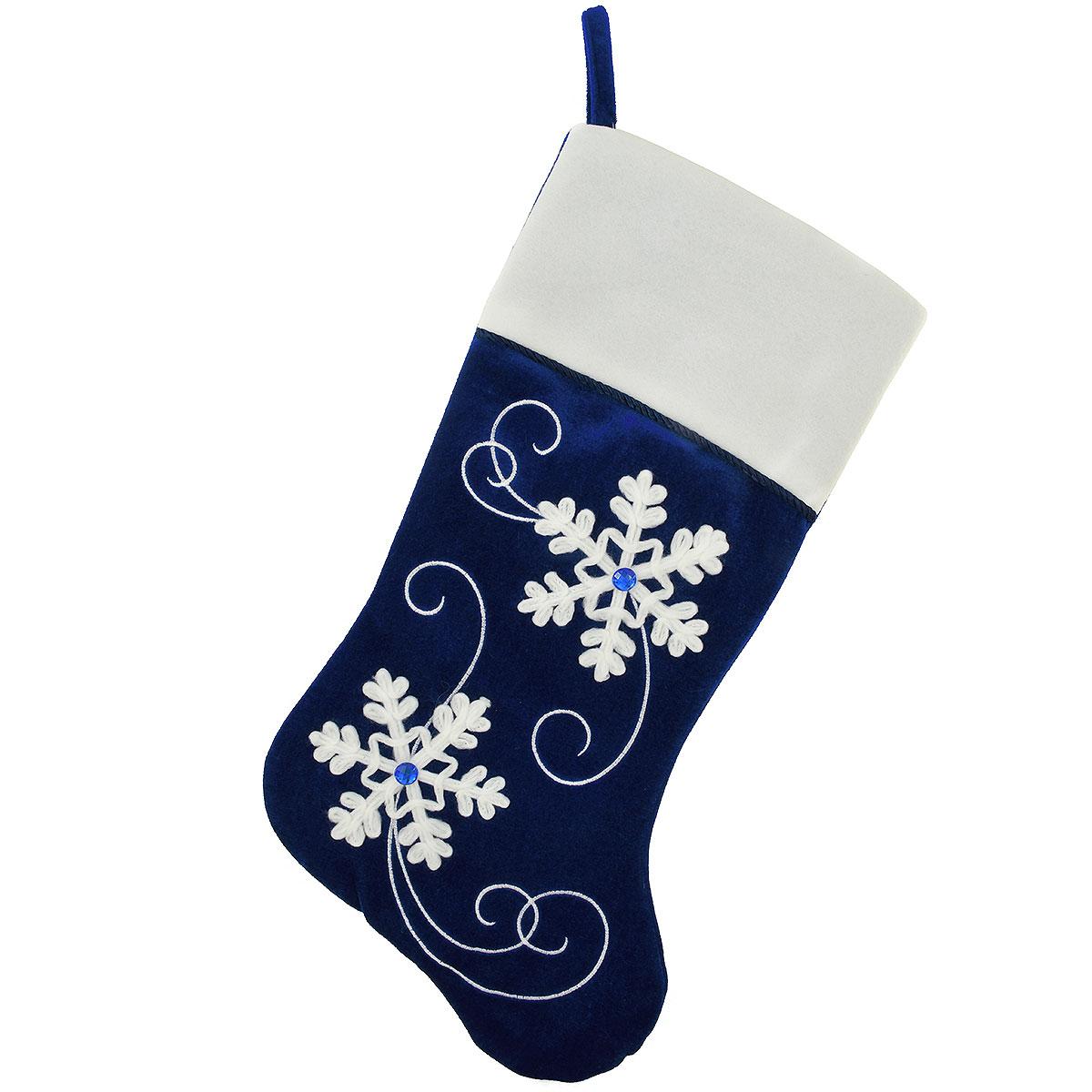 20.5 Inch Personalized Blue Velvet Stocking With Yarn Snowflakes