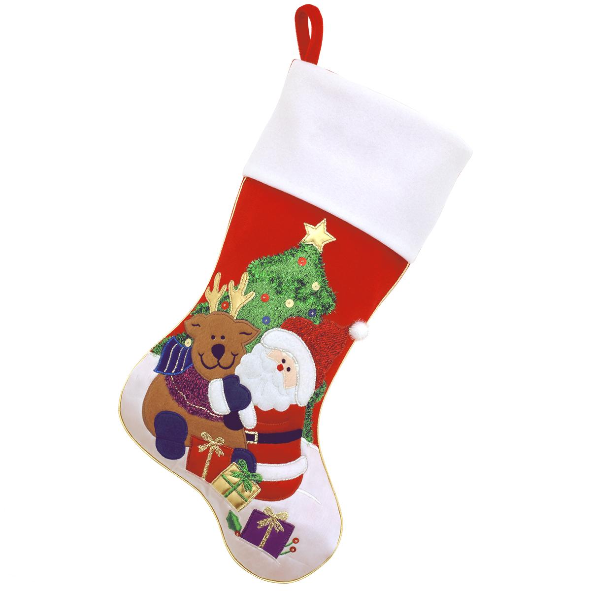 Alternate image showing Santa and reindeer in front of a Christmas tree on a red velvet stocking with white cuff without personalization.