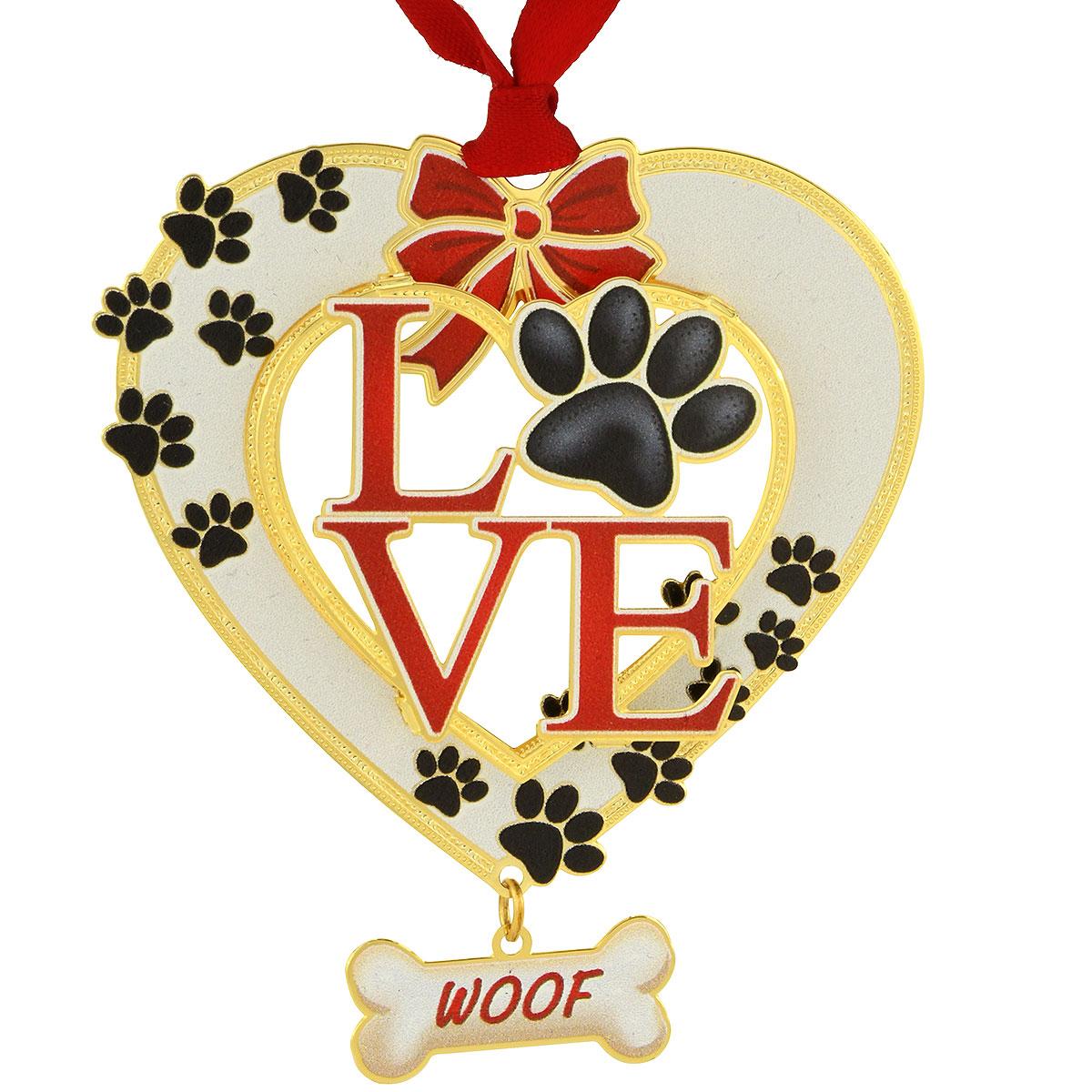 Woof LOVE Pawprint Heart Metal Ornament