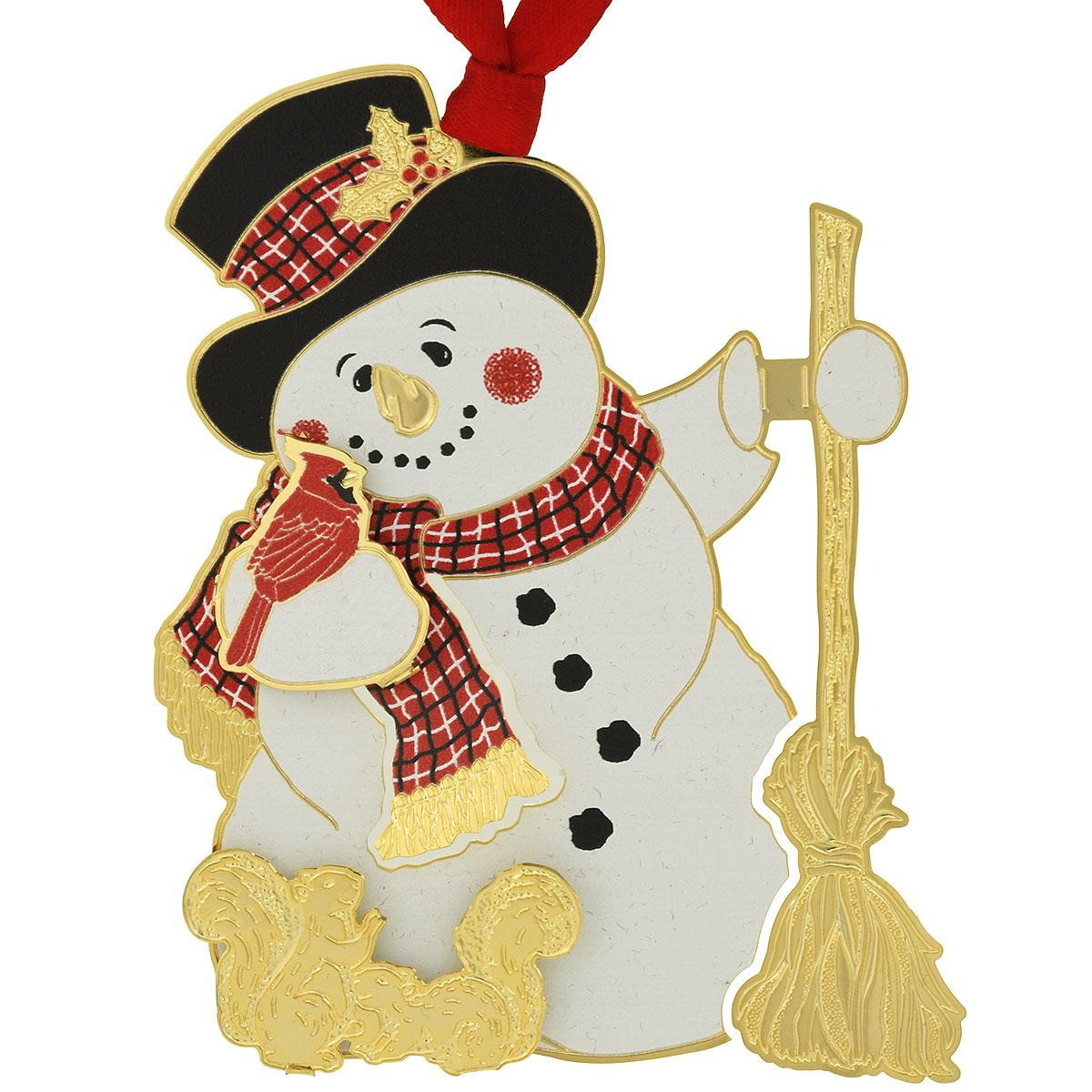 Snowman With Broom And Squirrels Metal Ornament
