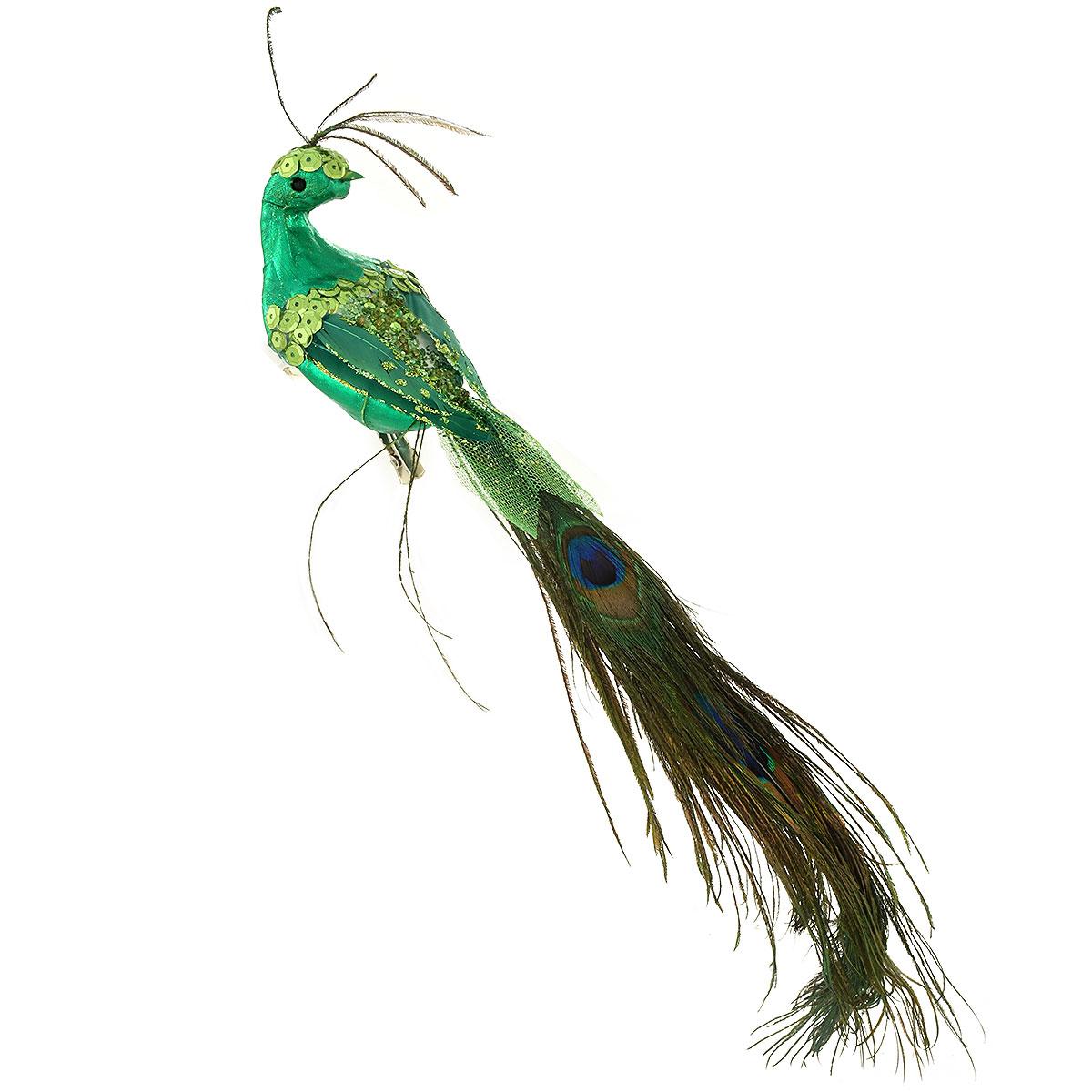 handdecorated 28cm long incl Peacock on clip ornament with natural feather mouthblown feather 