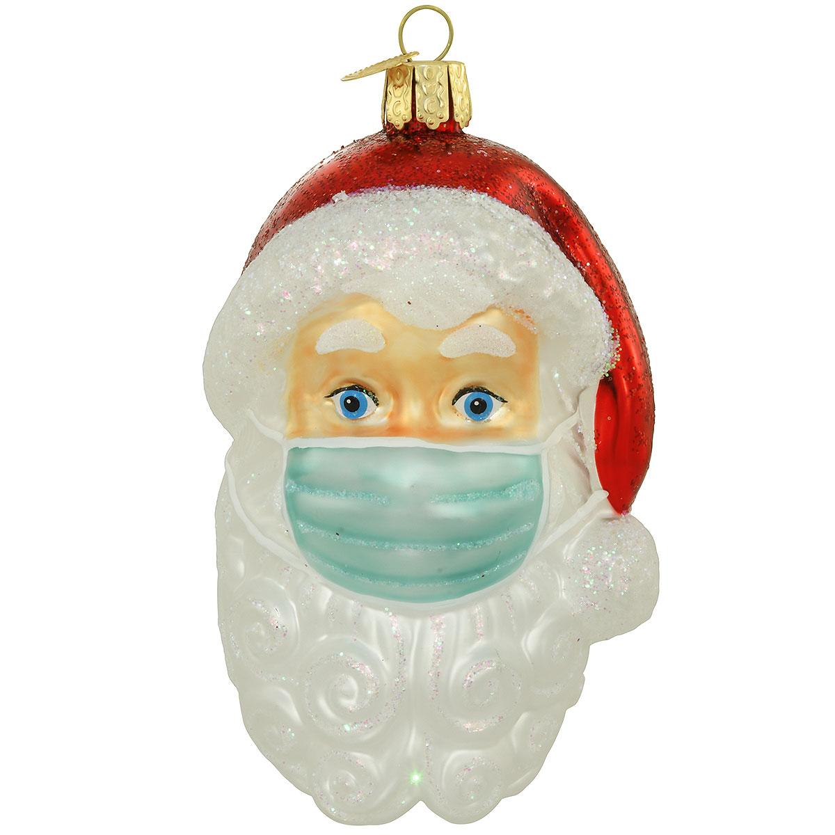 Santa With Face Mask Glass Ornament
