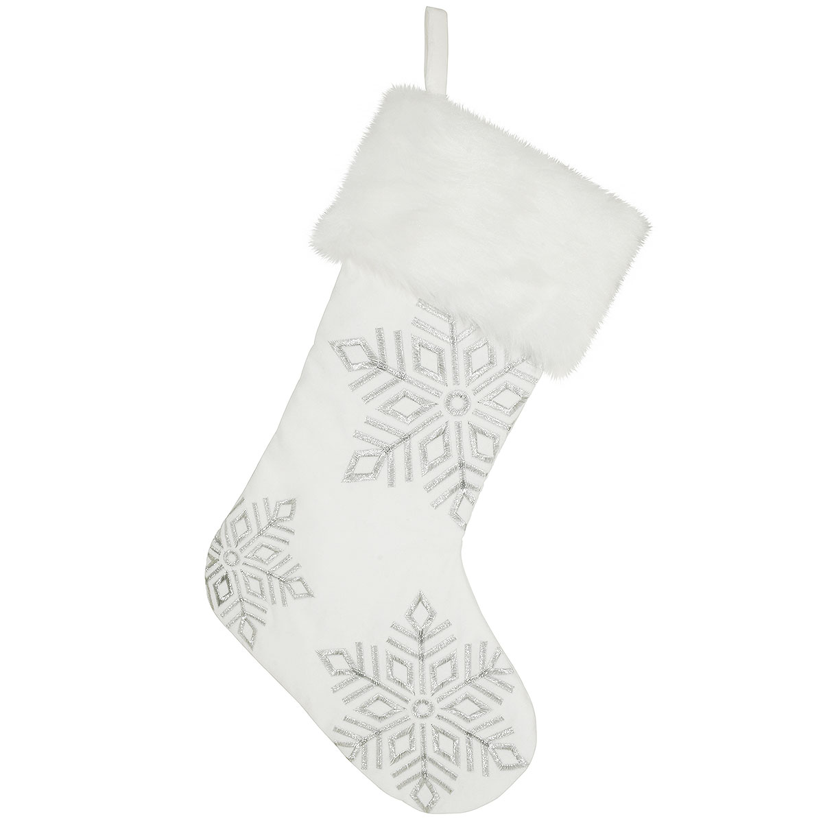 21 Inch White Velveteen Stocking With Silver Snowflakes