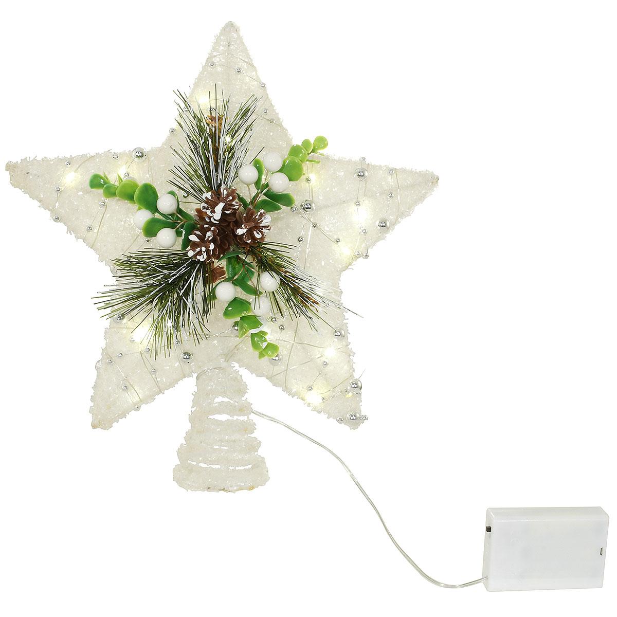 Star Lighted Tree Topper White With Green Sprigs And Berries