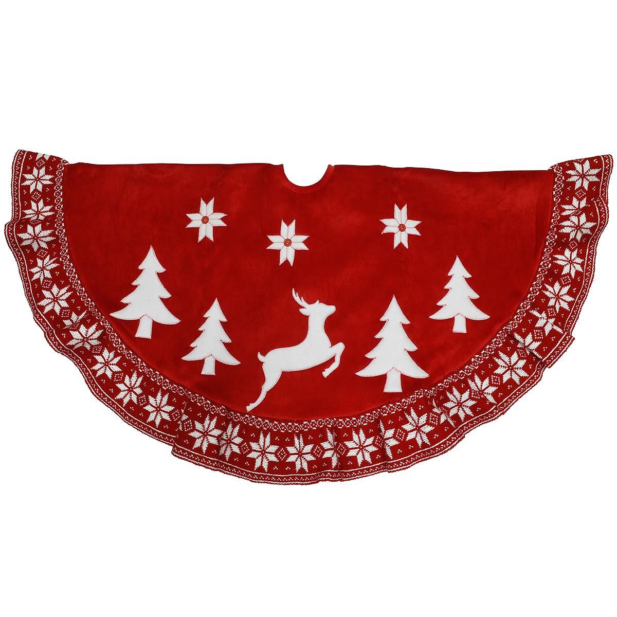 48 Inch Red Suede Tree Skirt With White Reindeer And Trees