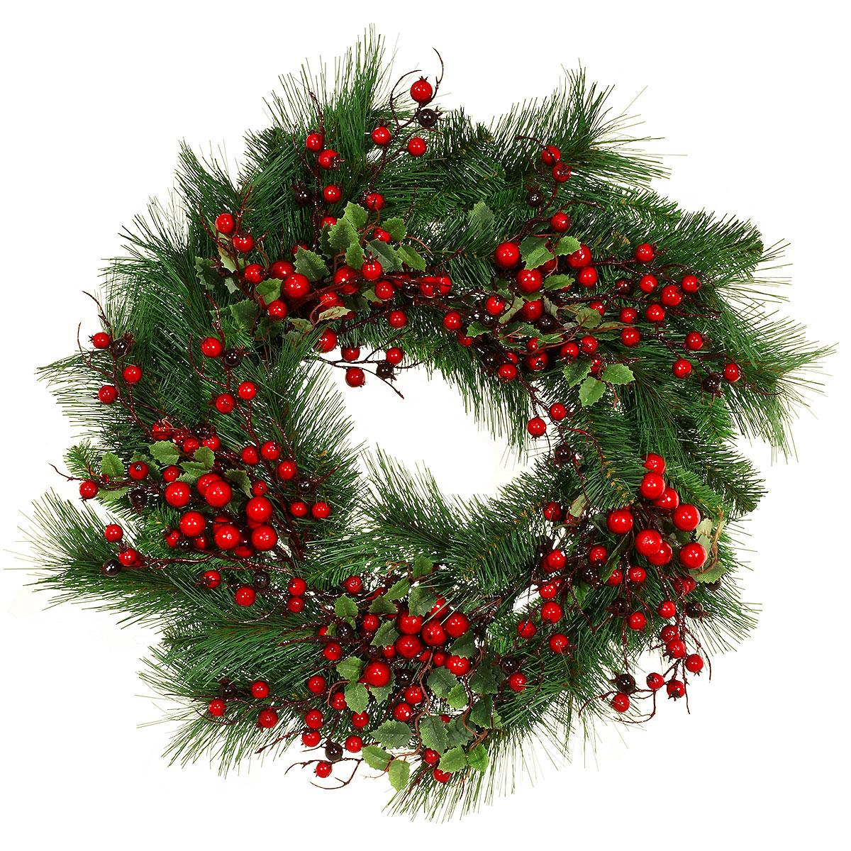 24 Inch Mixed Pine Wreath With Red