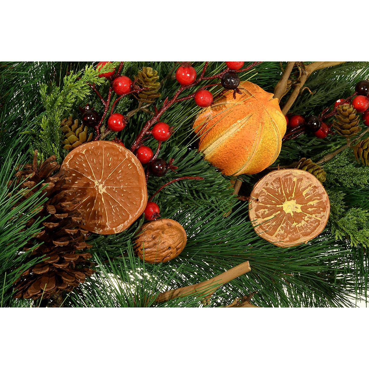 30 Inch Longleaf Pine Artificial Wreath Dried Fruit Accents Branch Detail