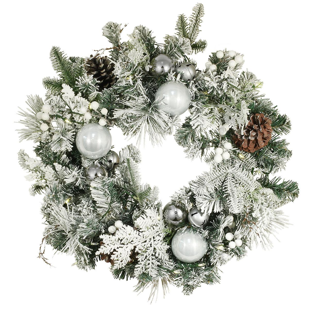 24 Inch Wreath With Pearl And Silver Balls And 50 Warm White Battery Operated LED Lights