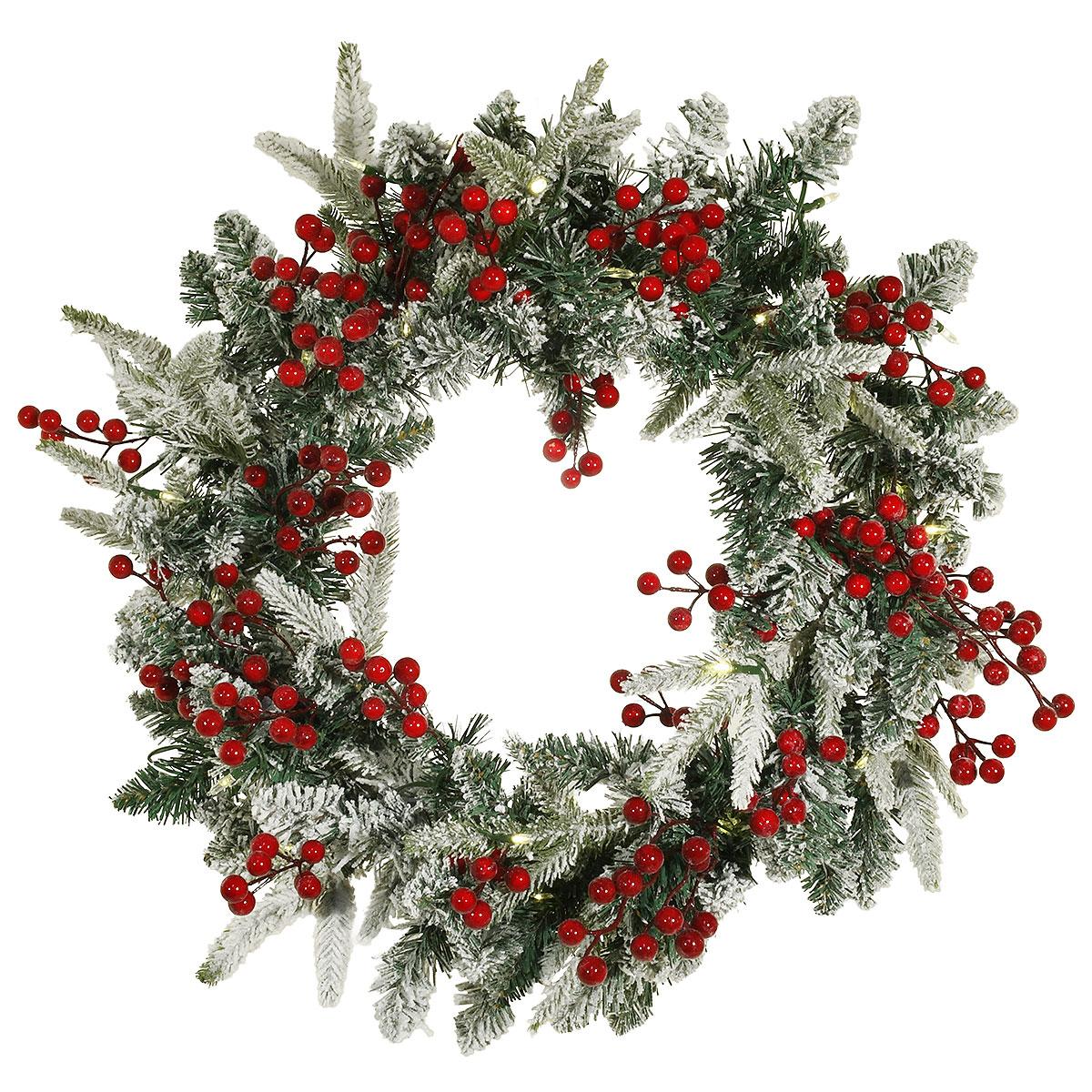 24 Inch Flocked Wreath With Red Berries And 50 Warm White Battery Operated LED Lights