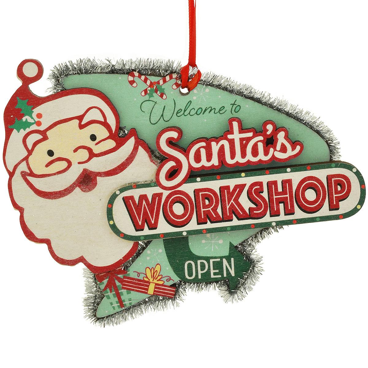 Santa's Workshop Sign Wood Ornament