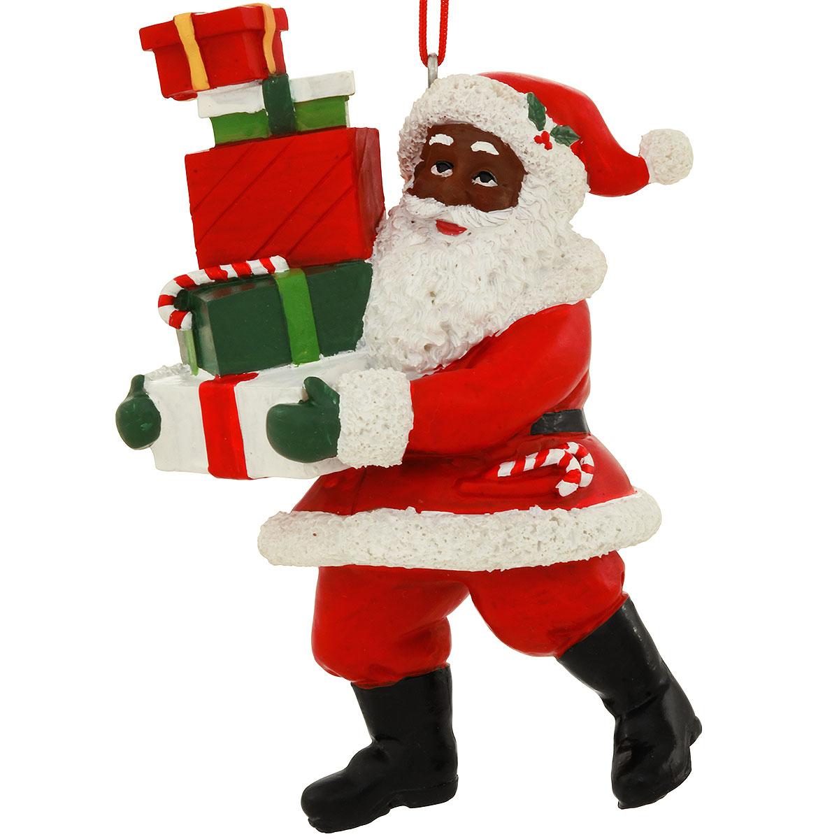 Black Santa with stack of presents ornament
