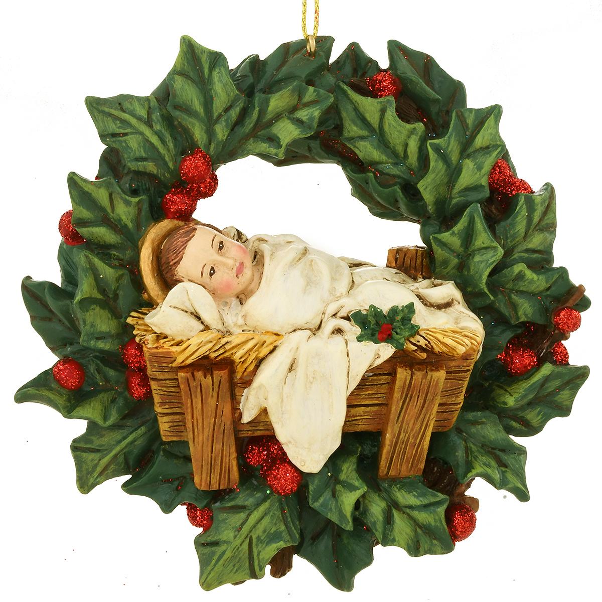 Baby Jesus In Holly Wreath Ornament