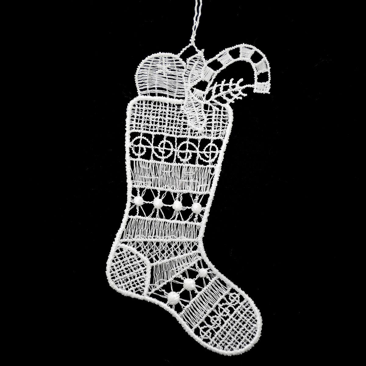 Stocking With Candy Cane Stitched Lace Ornament