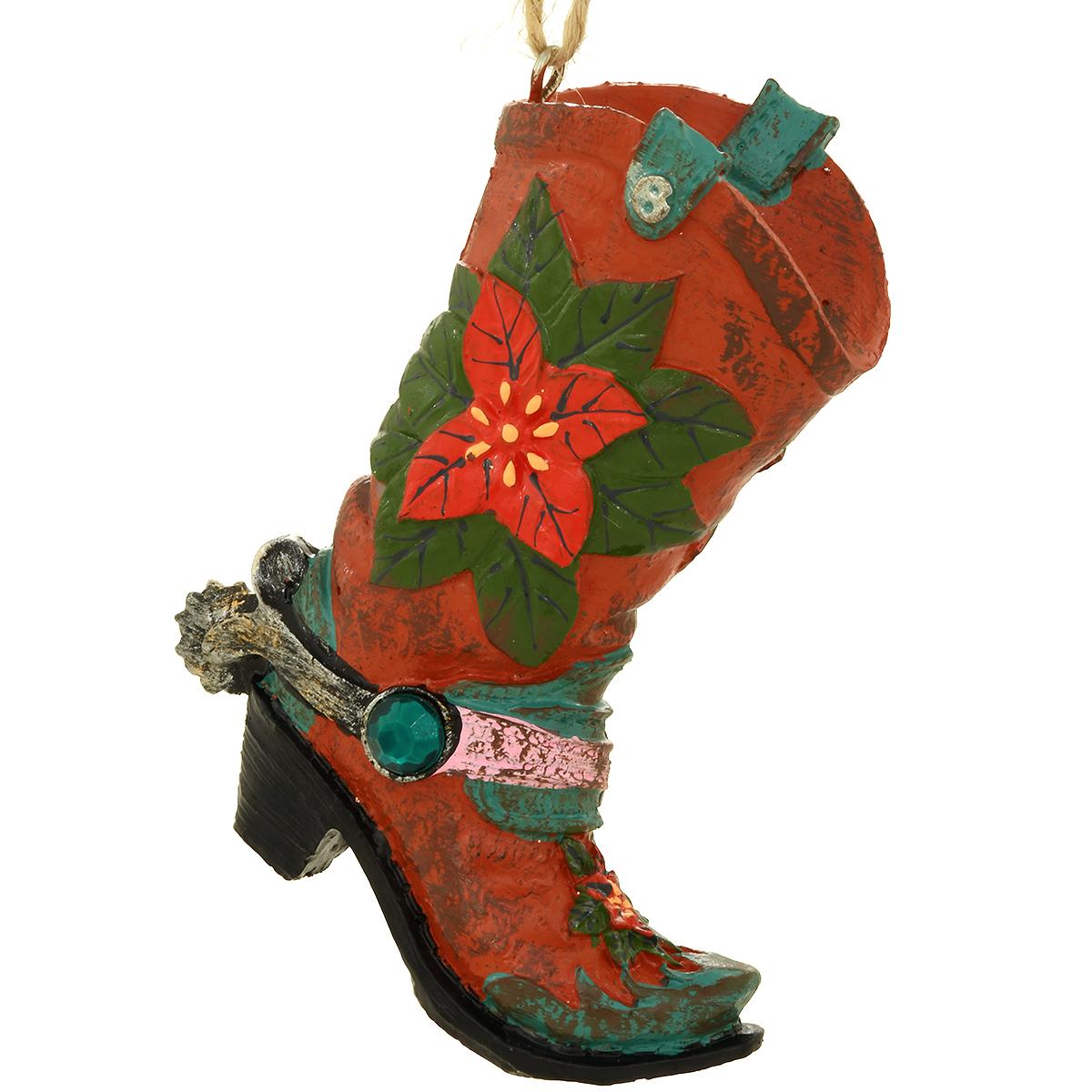 Cowboy Boot With Poinsettias Resin Ornament