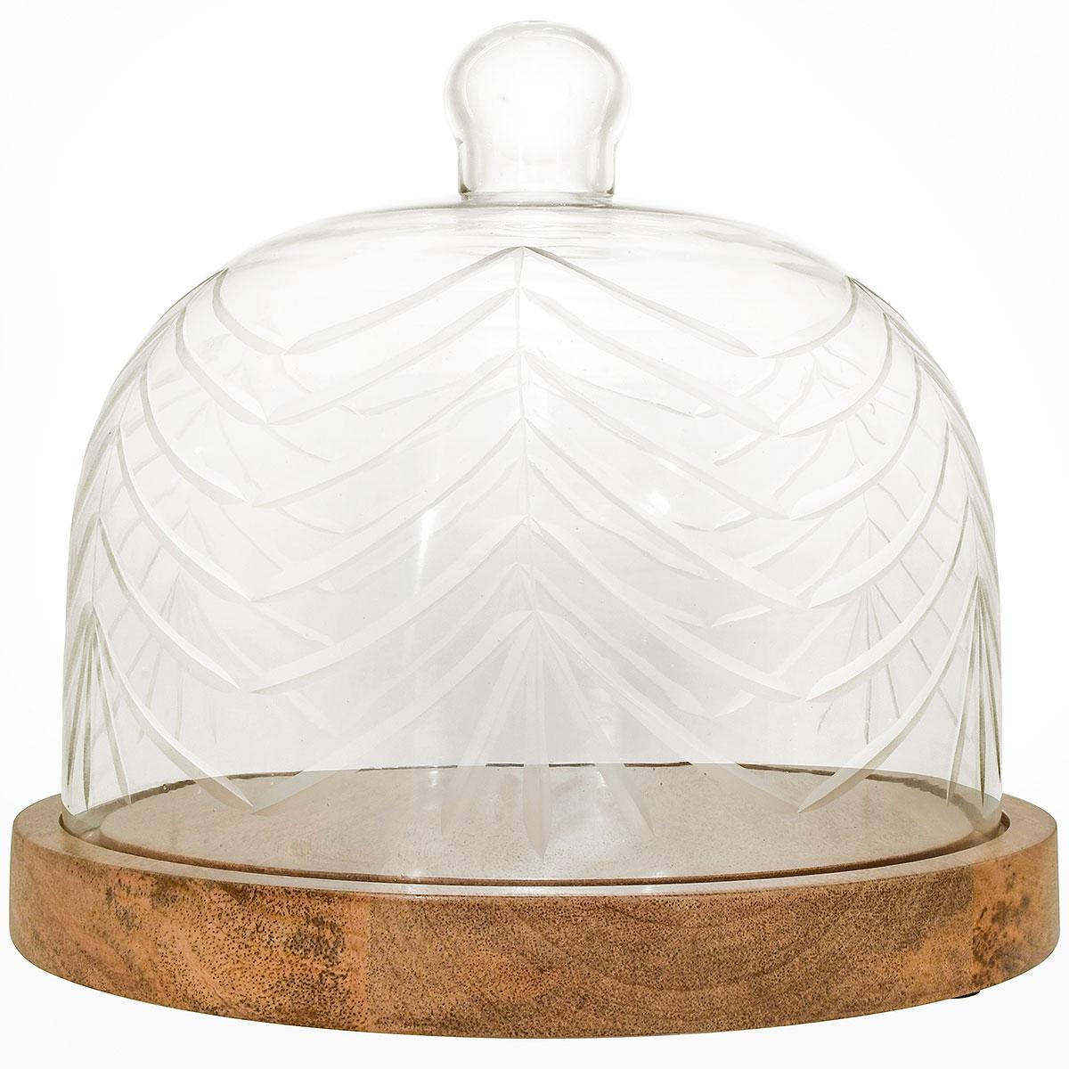 Etched Glass Food Dome Wood Base