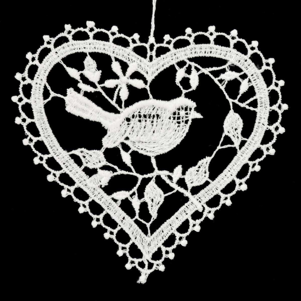 Bird In Branches Heart Stitched Lace Ornament