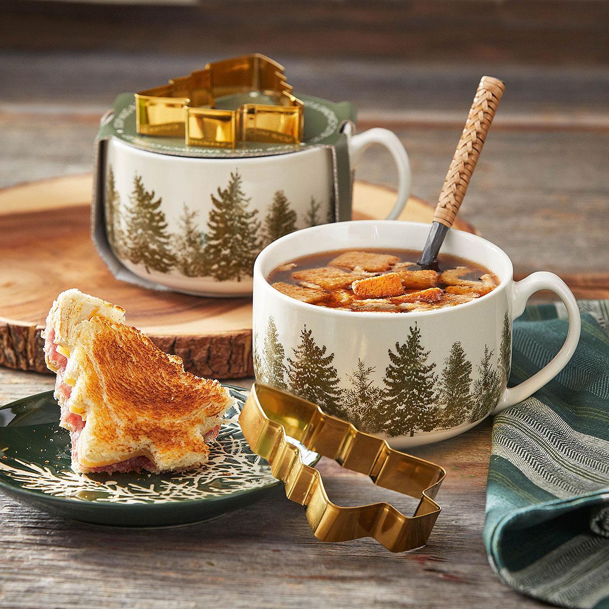  Grilled Ham And Cheese Tree Shape Sandwich With Soup In Pine Tree Soup Mug 