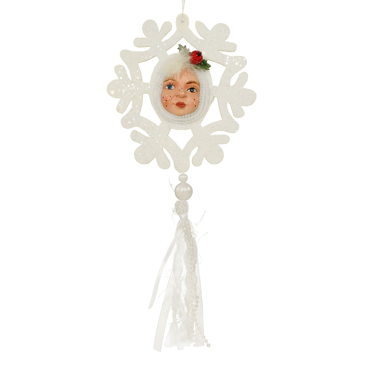 Vintage-Looking Boy Elf Face On Felt Snowflake With Tassel Ornament