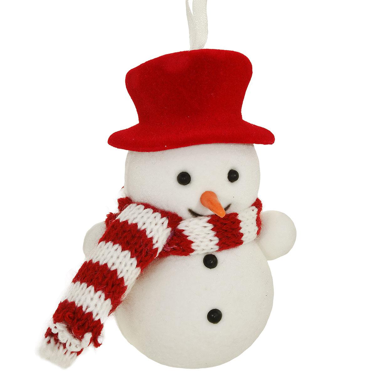 Flocked Red Hat Snowman Ornament