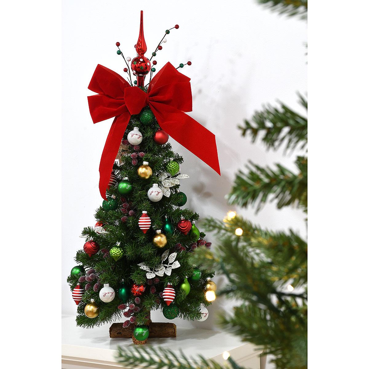Joy Red, White, Gold and Green Miniature Christmas Tree Decoration