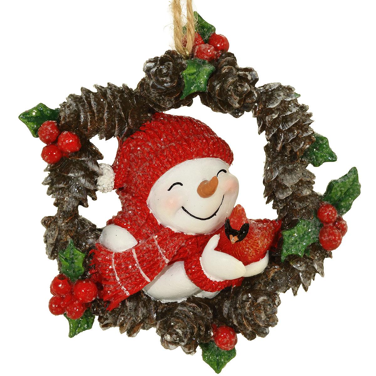 Snowman In Pinecone Wreath Ornament