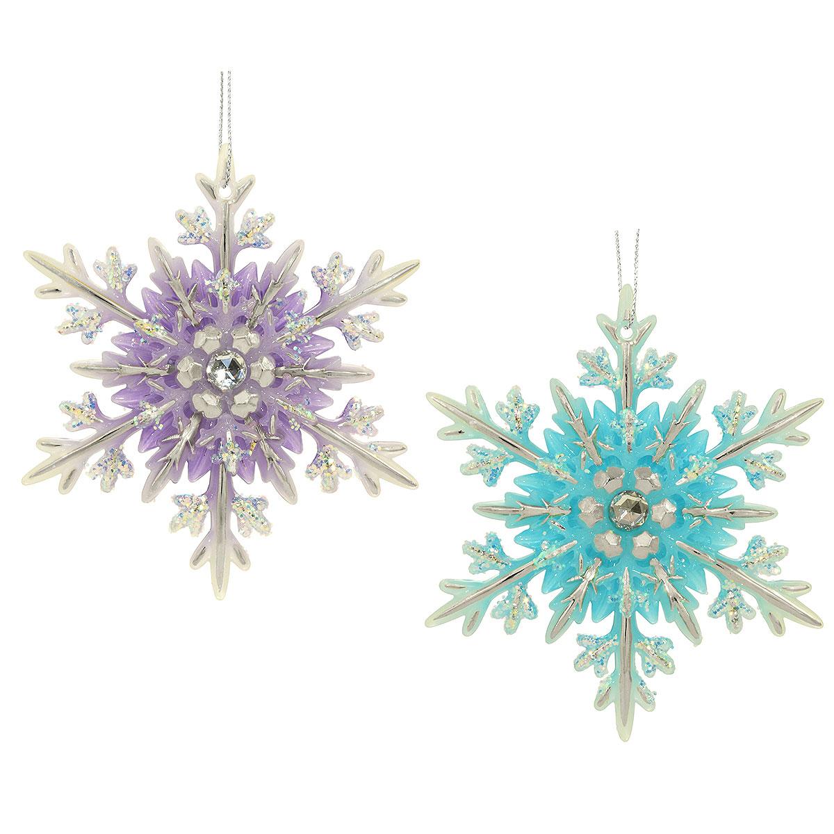 Set Of 2 Purple And Blue Glow In The Dark Snowflake Ornaments