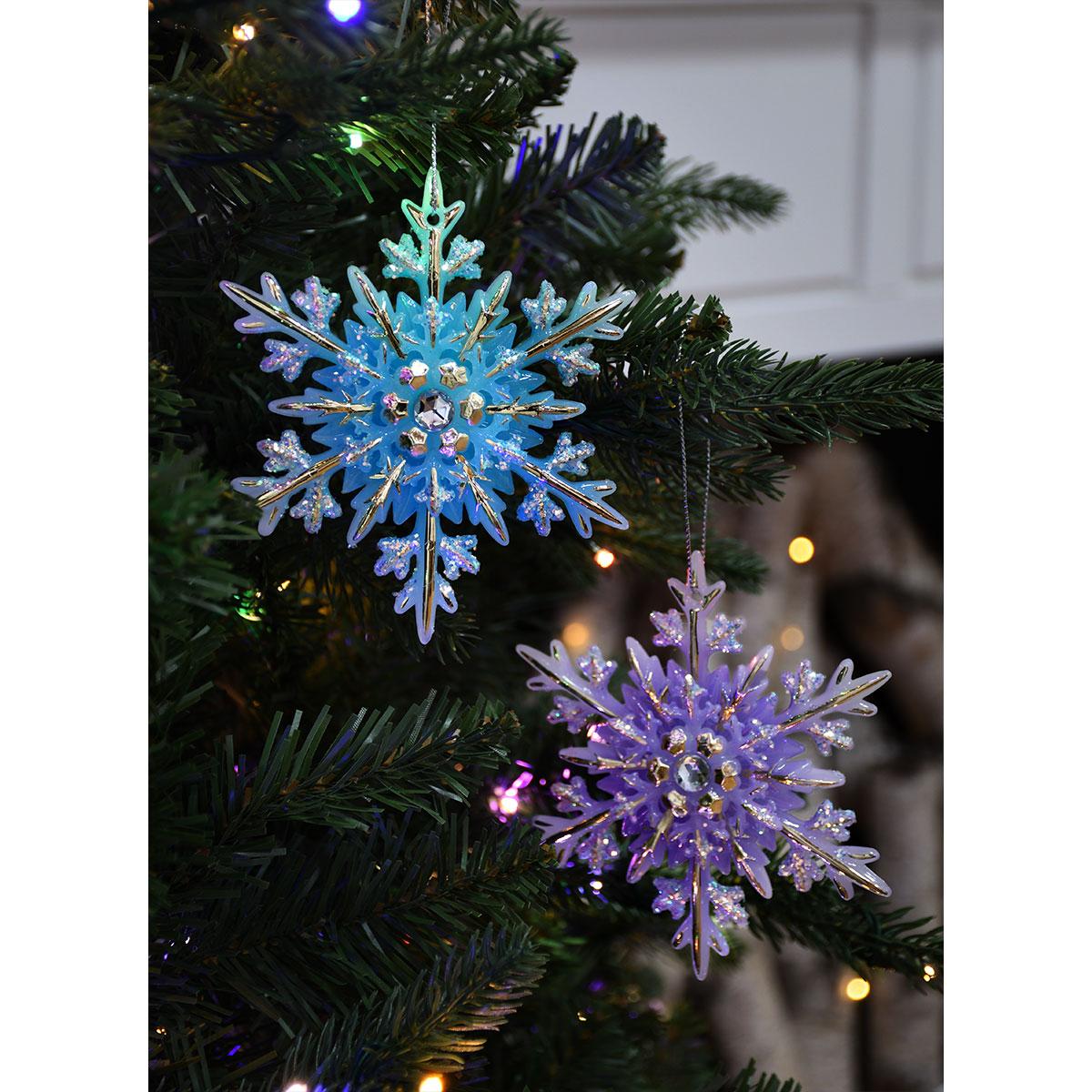 Set Of 2 Purple And Blue Glow In The Dark Snowflake Ornaments