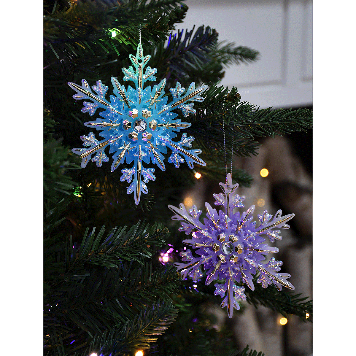 Set Of 2 Purple And Blue Glow In The Dark Snowflake Ornaments