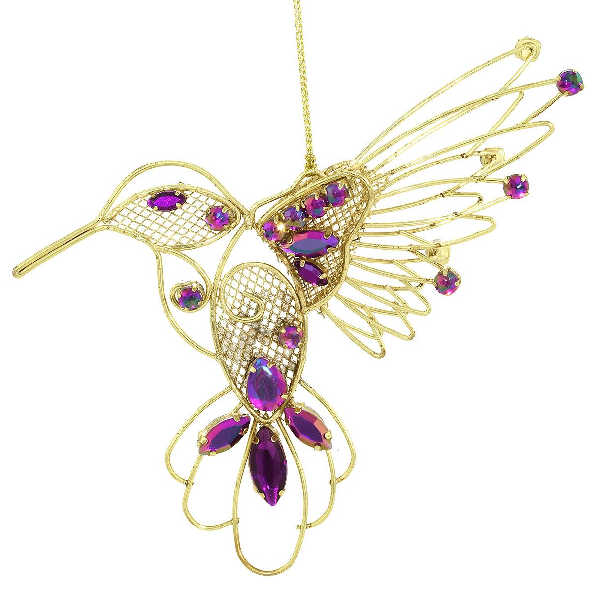 5.5 Inch Wire Gold /Purple Hummingbird Ornament