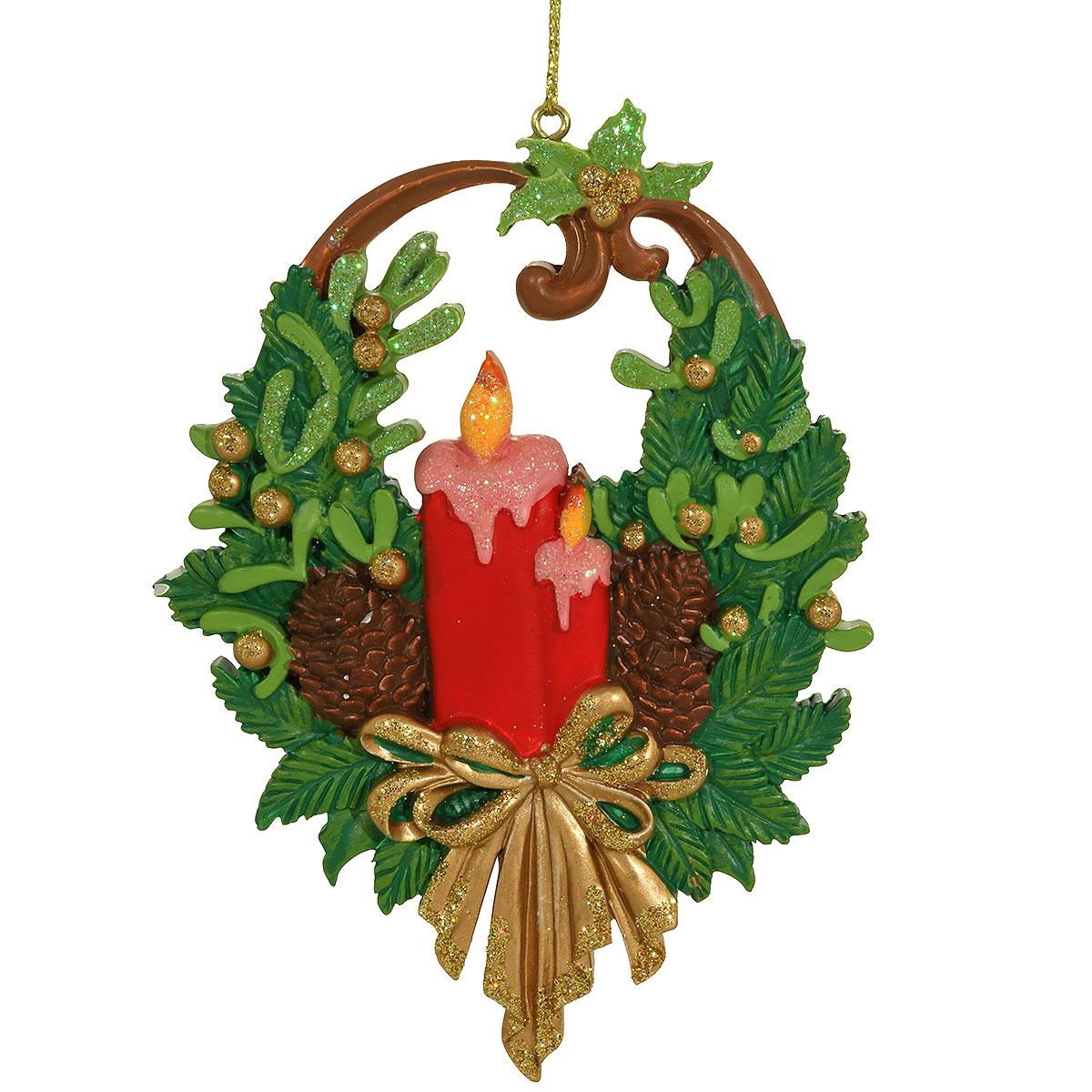 Candle With Gold Bow, Greenery And Pinecones Poly Resin Ornament