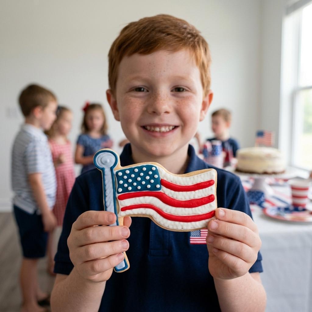 Decorated Flag sugar Cookie With Smiling Boy 