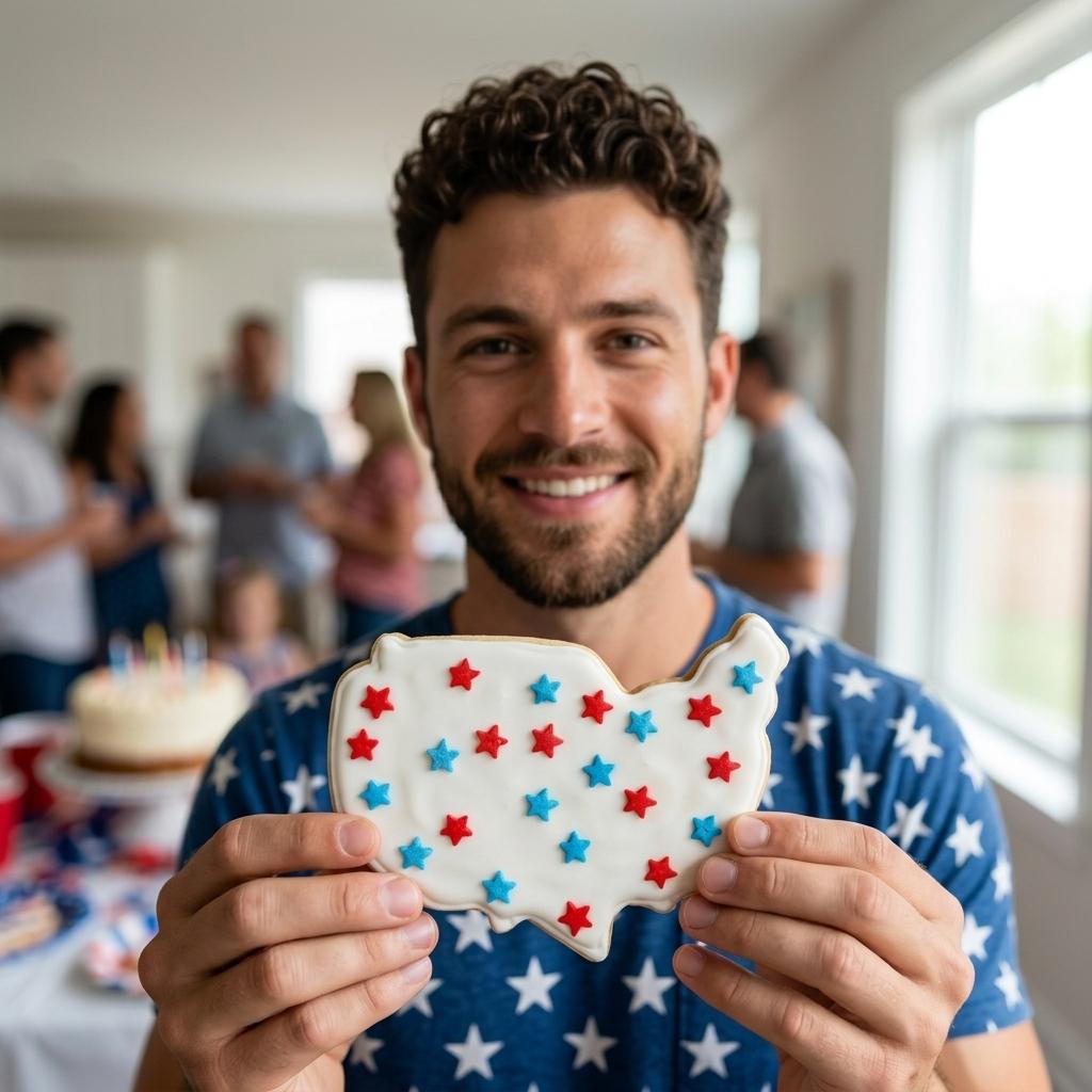 Continental USA Decorated Sugar Cookie With Smiling Man in star Shirt