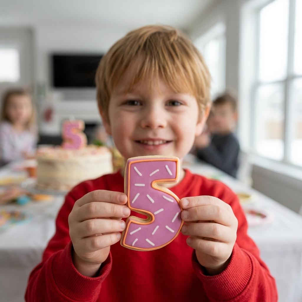 Number 5 Decorated Sugar Cookie With Smiling Boy