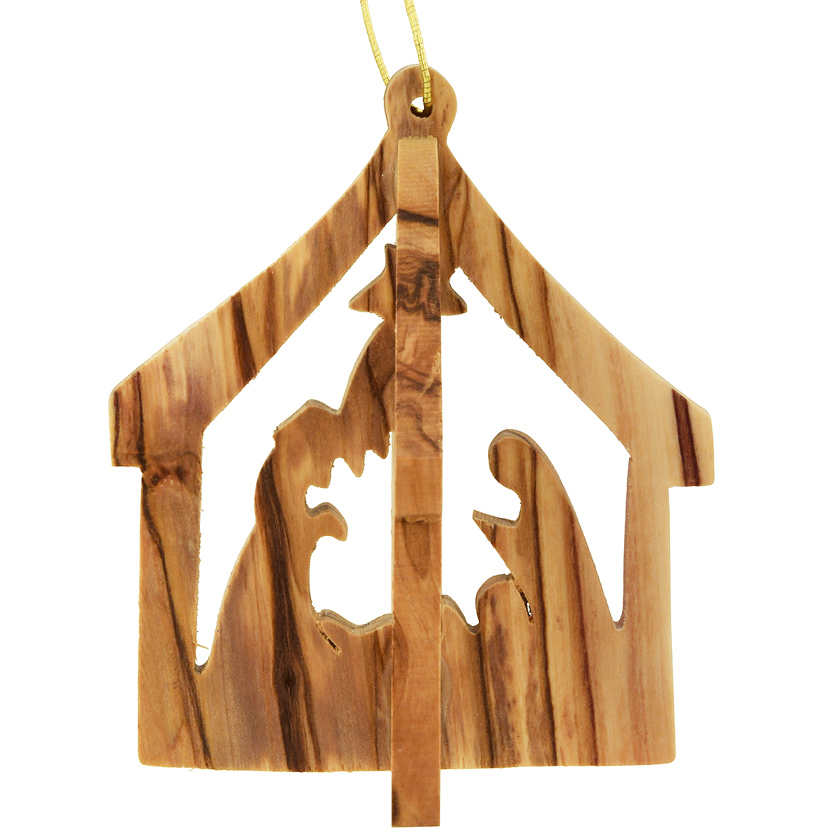 3-D Stable With Nativity Olive Wood Ornament