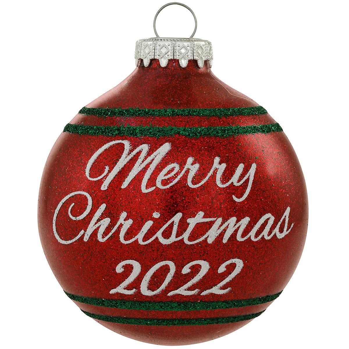 Merry Christmas 2022 Red Sparkle Glass Ornament