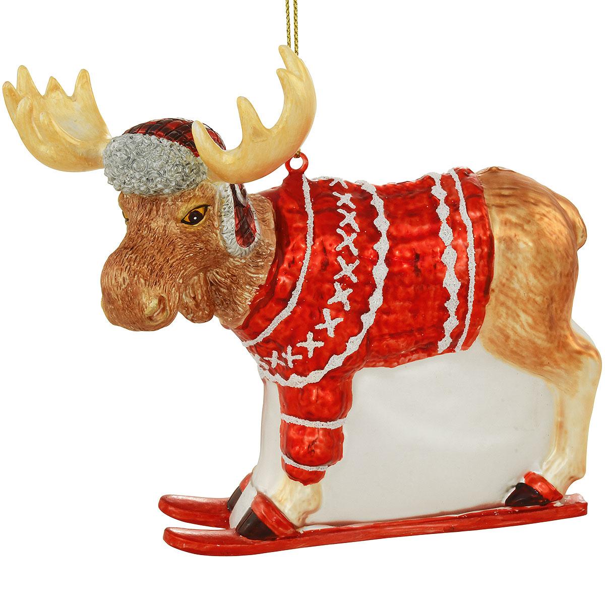 Moose Skiing Glass Ornament
