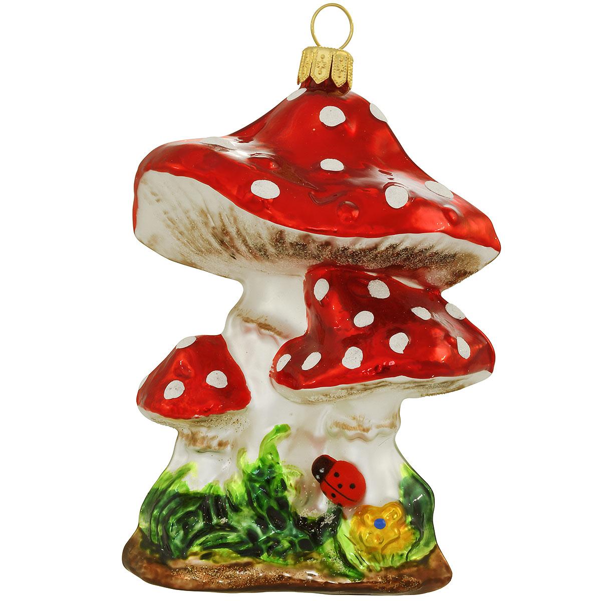 Toadstool Mushroom With Ladybug And Flower Glass Ornament